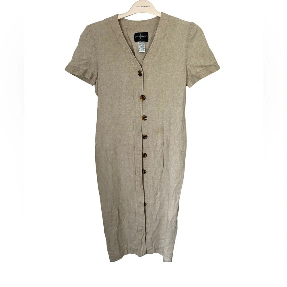 Vintage Beige Linen Midi Dress 6P